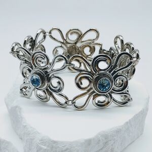 Vintage Avon Silver Tone Blue Rhinestone Bold Flower Bracelet